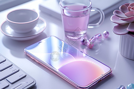 紫色壁纸的手机放在桌子上图片