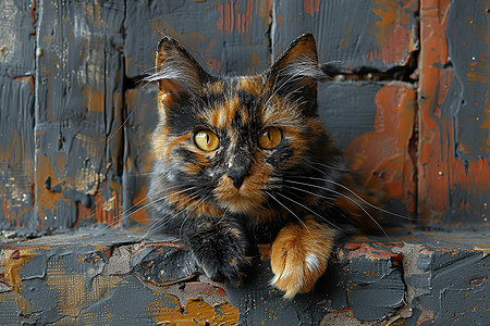 画在砖墙上的黑猫图片