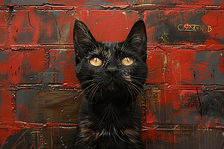 红色砖墙上的黑猫涂鸦图片