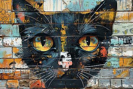 砖墙上涂鸦的黑猫图片