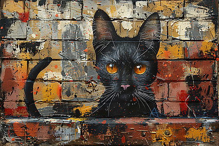 砖墙上的黑猫头图片