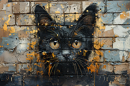 墙壁上的黑猫涂鸦图片