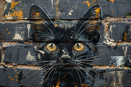 黑猫涂鸦在砖墙上图片