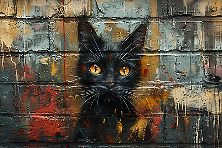 黑猫涂鸦街头壁画图片