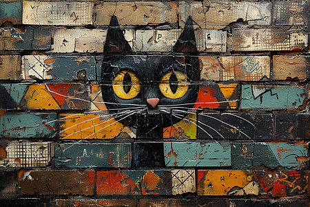 砖墙上的黑色猫咪图片