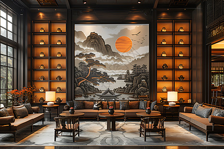中式家具海报茶室中的融合美学背景