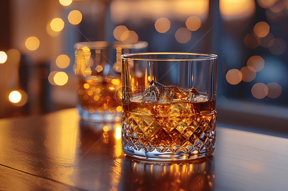 桌面上的威士忌酒杯图片