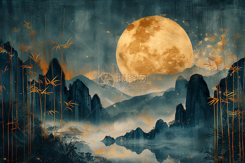 竹林山水下的月光之旅图片