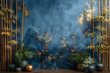 蓝色墙壁和竹子树壁画图片
