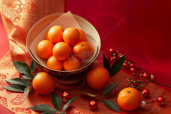 红色背景下的橘子图片