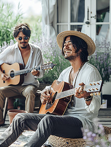 坐着弹吉他的两名男子背景图片