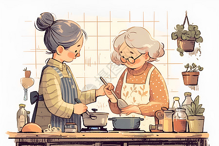 使用锅具烹饪的老人插画
