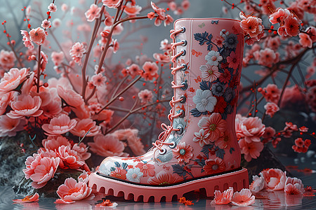 粉色雨靴与花朵图片