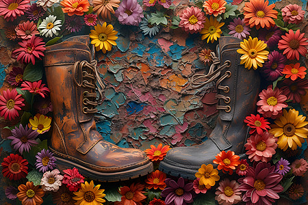 鲜花与大皮靴子图片