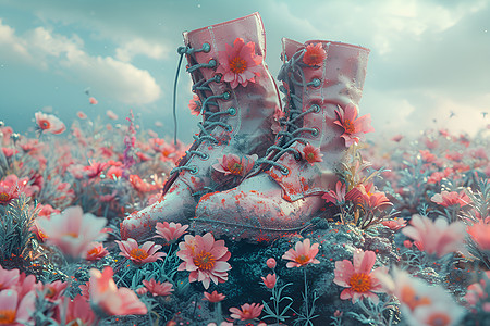 花朵点缀的皮靴图片