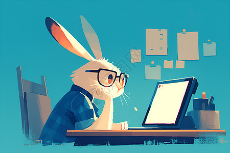 电脑前工作的兔子图片