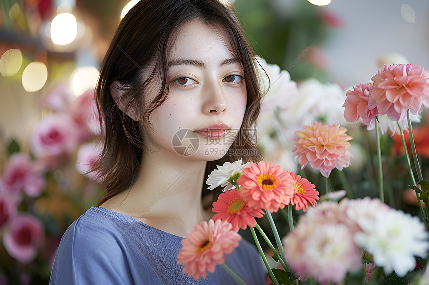 花朵旁的女孩图片