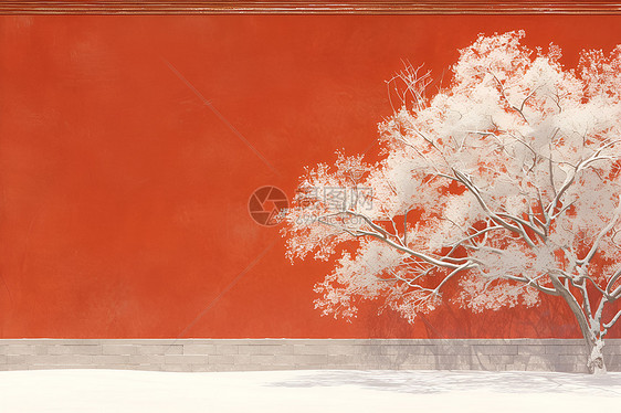 红墙前的梅树图片