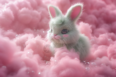 粉色棉花中的小兔子图片