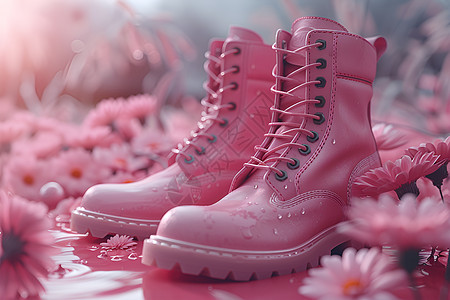 粉色花田中的粉色雨靴图片