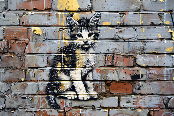 墙上涂鸦的猫咪图片
