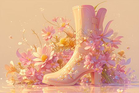 粉色花靴绘画绽放鲜花梦境背景图片