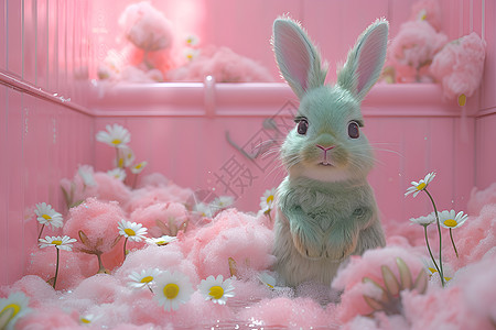 粉色玩偶粉色世界中的毛绒兔子插画