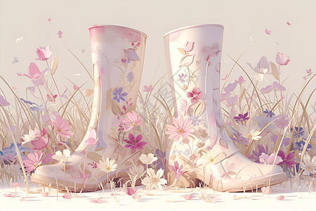花海中的粉色雨靴背景图片