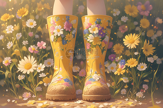 清新花海里的黄色雨靴图片