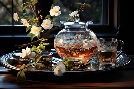花瓣点缀的茶盘背景图片