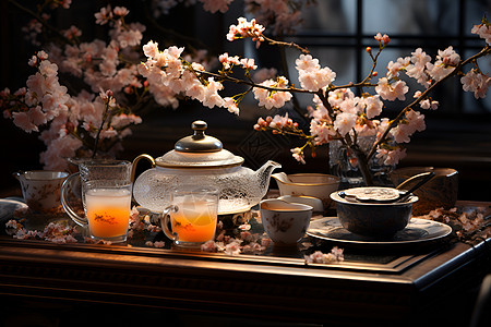 花瓣点缀的中国茶背景图片