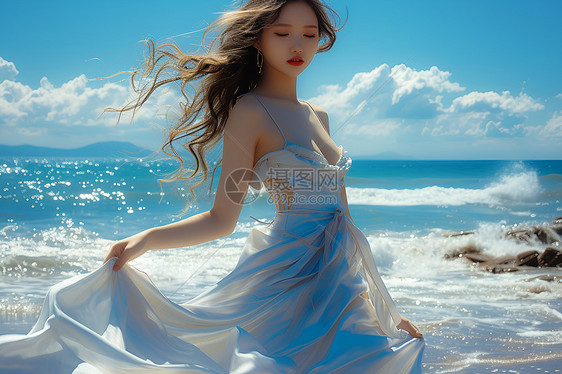 优雅女孩在海边图片