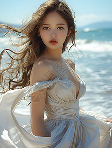 清风海边的白裙少女图片