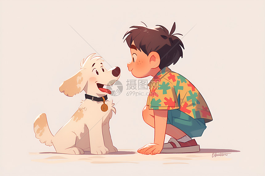 小男孩与狗的插图图片