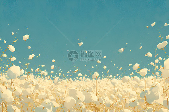 蓝天白云下飘动的棉花田图片