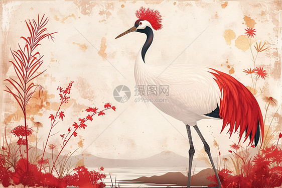 红冠鹤翩然舞于花丛中图片