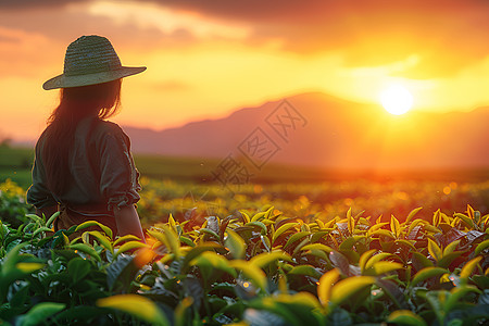 日落时分的采茶工人图片