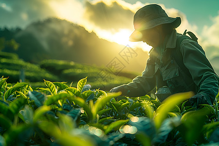 细心采摘茶叶的农民高清图片