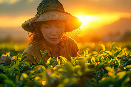 专注的茶叶采摘者图片