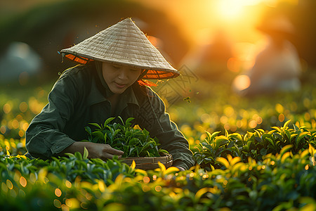 金色光芒中的采茶人图片