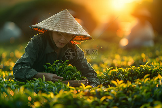 金色光芒中的采茶人图片