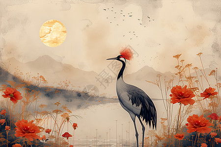 湖边的红冠鹤图片