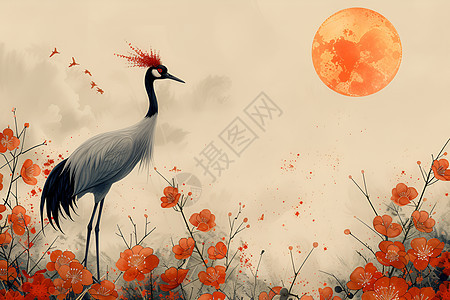 日落下的红冠鹤图片
