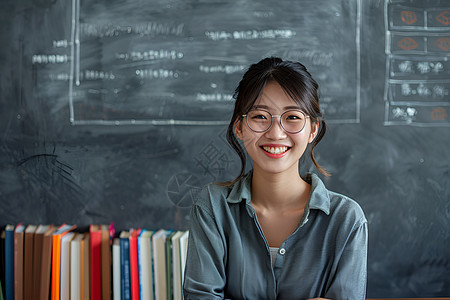 女教师站在黑板前图片