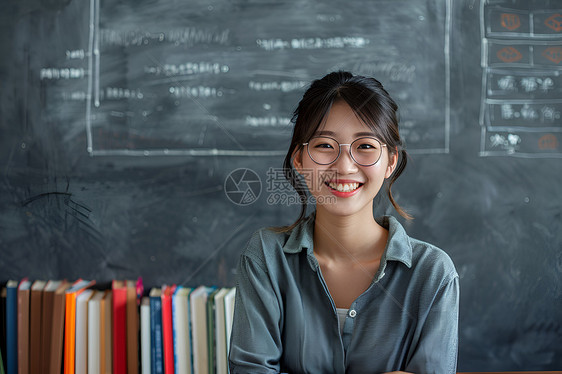 女教师站在黑板前图片