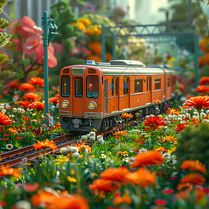 鲜花丛中的列车背景图片