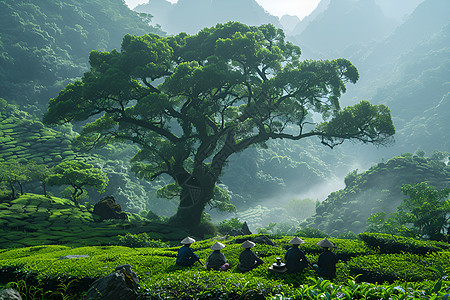 茶农树荫下休息图片