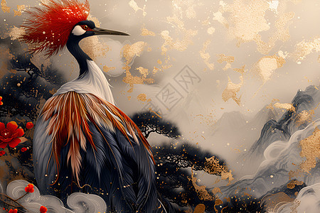 翩然起舞的红冠鹤背景图片