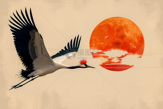 夕阳下翱翔的红冠鹤图片