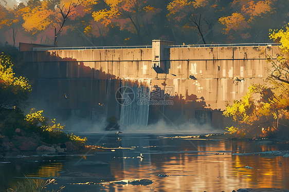 夕阳下的水坝图片